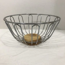Vintage Wood And Chrome Metal 9" X 5" MCM Fruit Bread Veggie Kitchen Basket Bowl