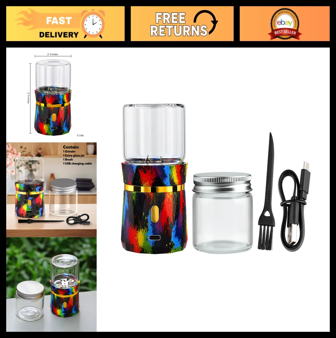 Mini Electric Spice Grinder - Rechargeable, Compact 2"x3.5", Includes 2 Glass Ja
