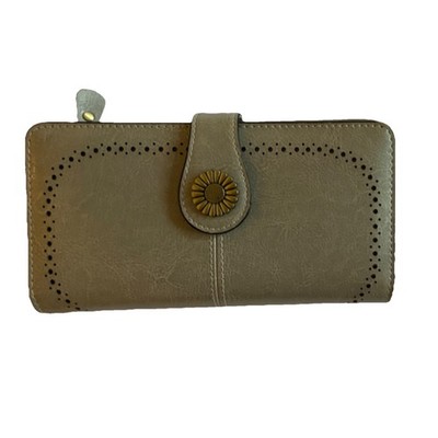 Beige Women's Zip-Around Wallet with Decorative Button, Snap, Card Slots