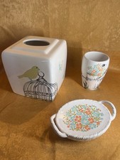 Laura Ashley Birds Branches Butterflies Cage Bathroom Set Tissue Box Soap 3pcs