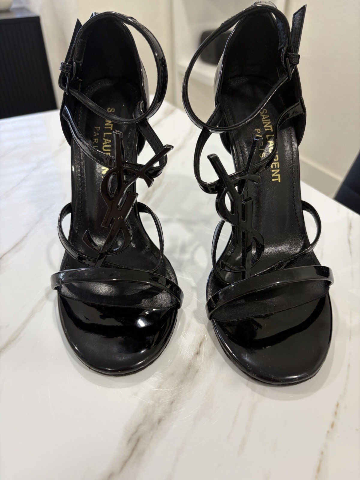 Saint Laurent Black Patent Leather Strappy Logo Ankle Strap Stiletto Heels 35