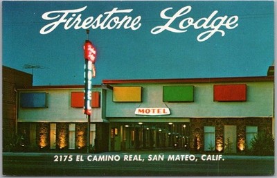 1960s SAN MATEO, California Postcard FIRESTONE LODGE Motel / Street View -Unused