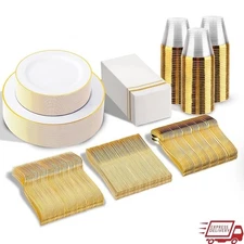 BPA Free Disposable Plates Set Gold Dinnerware Parties Weddings Events New