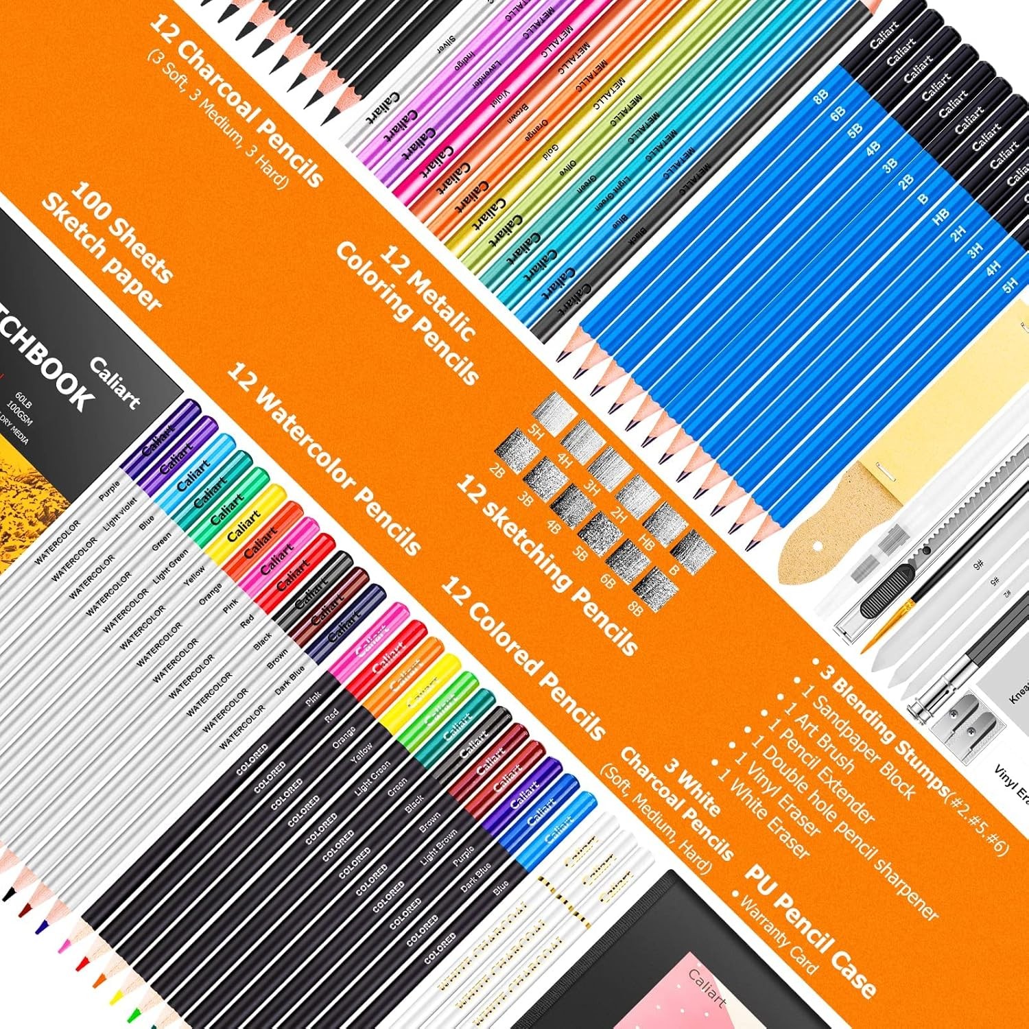 176PCS Art Supplies Sketching Kit with 100 Sheets 3-Color Sketch Book, Graphite