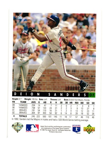 1993 Upper Deck #166 Deion Sanders Atlanta Braves - Picture 2 of 2