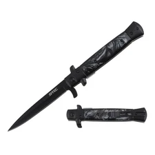 9" Stiletto Style Black Blade Spring Assisted Folding Knife With Grey Black Inl