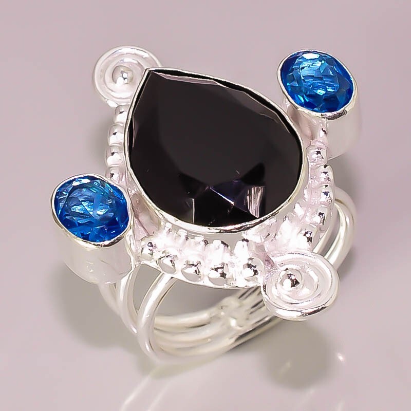 Faceted Black Onyx Iolite Quartz Handmade 925 STERLING SILVER PLATED RING 7