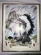 1995 PRESTIGE GRAPHICS Art Print ROB LARSON Buffalo BISON Indian Chief SIOUX MAP