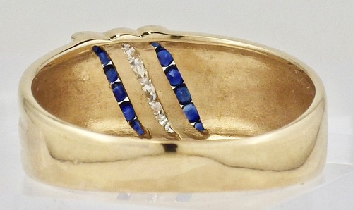 Estate 14K Yellow Gold Slanted Rows Sapphire & Diamond Band Size 6 3/4 - Picture 3 of 7