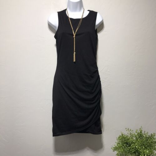 BTFBM Women Casual Dress Crew Neck Ruched Black Sleeveless Tank Bodycon Shirt S