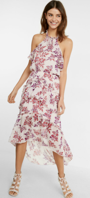 NWT Express Floral Print Tiered Halter Neck Midi Dress Value $70 SZ S/M  Wedding | eBay