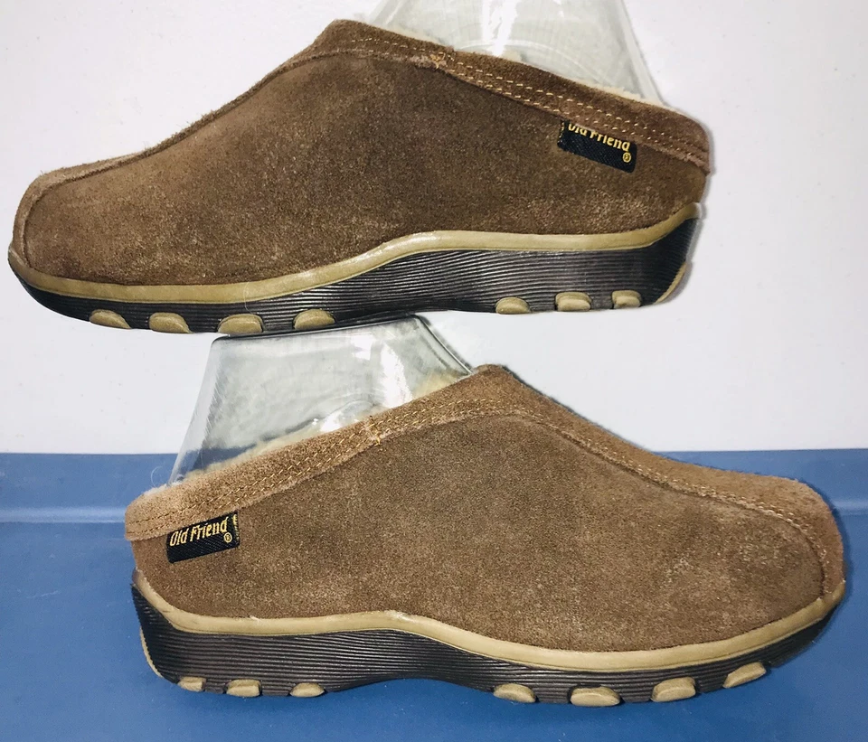 Chinelos femininos Old Friend tamanco de pássaro de neve couro marrom camurça shearling tamanho 5 - Imagem 3 de 4