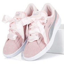 PUMA Youth Kids Smash v2 Ribbon Bow Sneaker Junior Girls Suede Pink Pearl Silver