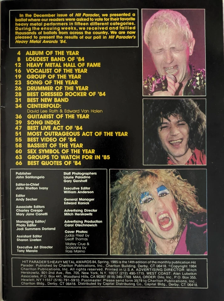 Hit Parader Spring 1985 Heavy Metal Awards 84 Motley Crue, Van Halen, Ratt, KISS - Image 2 of 4