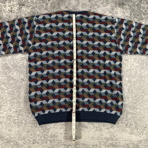 VTG Grandpa Sweater Mens Large Blue Geometric Wool Blend TravelSmith 90s Biggie - Picture 8 of 12