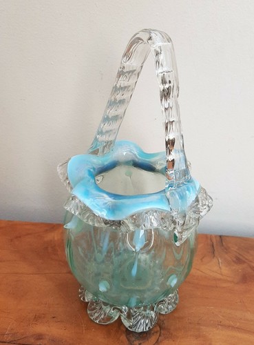 Victorian Opalescent Pearline Blue Glass Basket Bohemian English - Picture 5 of 8