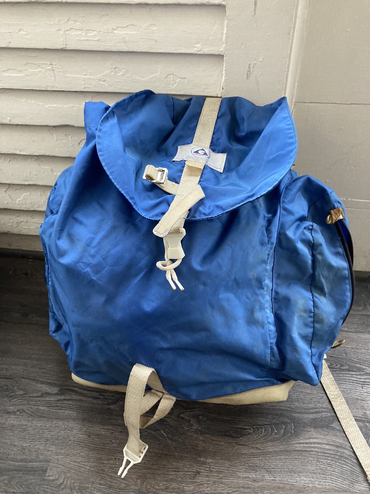 Vintage Gerry Backpack Hiking Blue Leather Bottom 70s Mountaineering