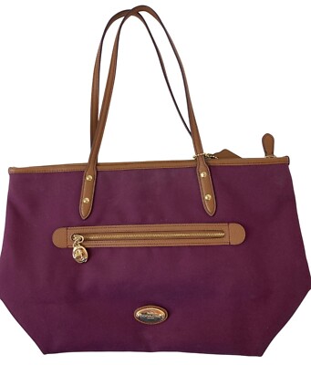 Coach Sawyer Plum Canvas & Leather Tote Bag Gold Hardware Charm