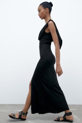 Zara Black Knitted Midi Maxi Dress Cowl Neck Size S With A Slit | eBay