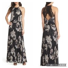Xscape Pleated Floral Lace Back Maxi Dress Black 2