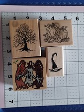 Rubber Wood Mount Stamp Halloween Tree Witch Hat Scary Forest pumpkin patch used