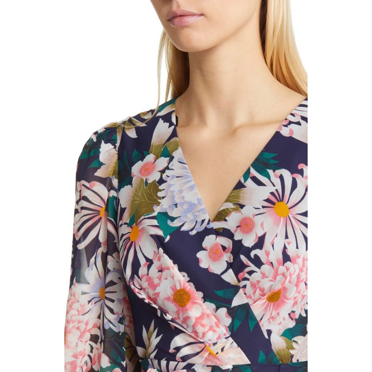 eliza j floral ruched chiffon faux wrap dress Eliza J Pink Floral Chiffon Faux Wrap Romantic Ruched V-Neck Hi-Lo Dress Size 6