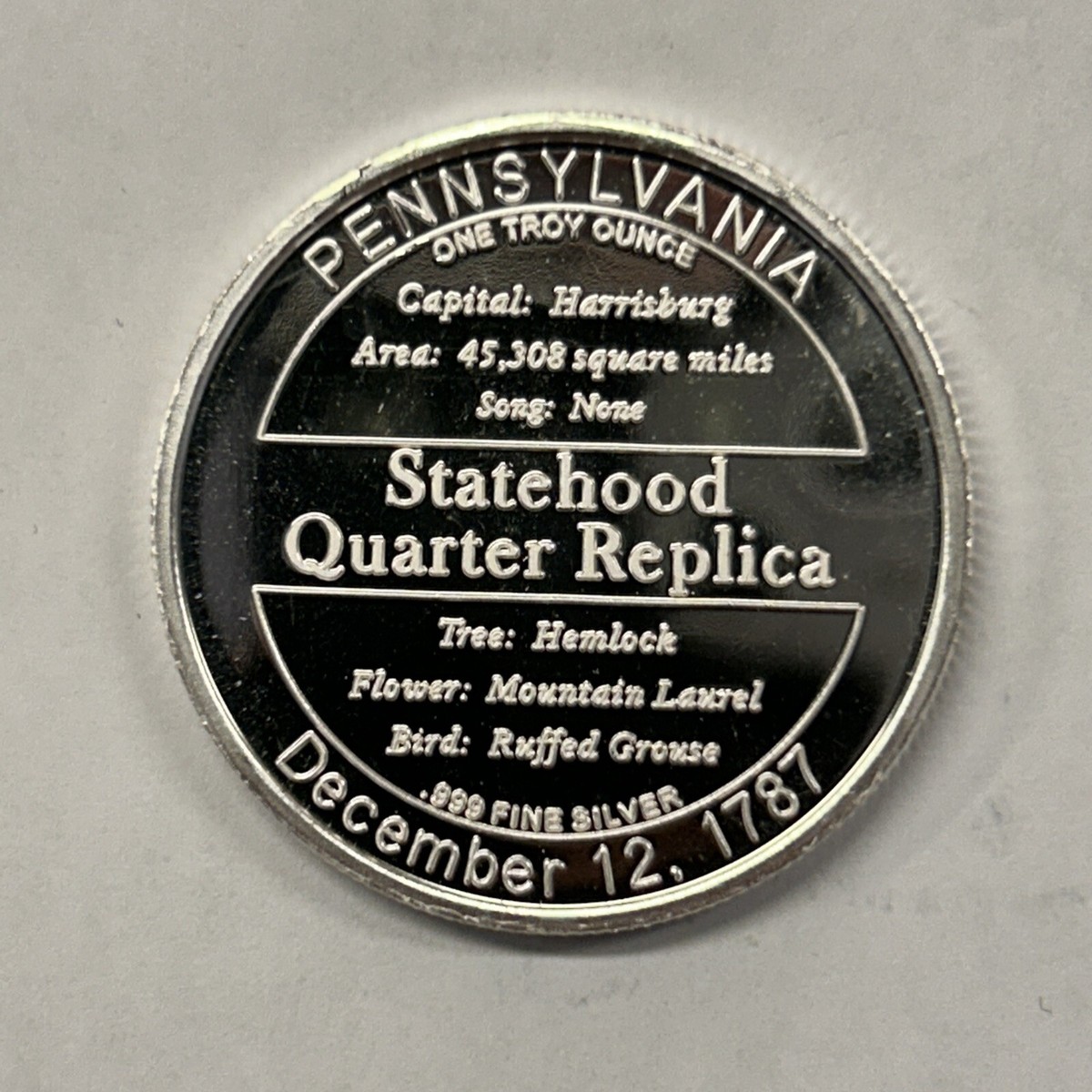 1999 Pennsylvania Statehood Large Quarter .999 Fine Silver 1 Troy