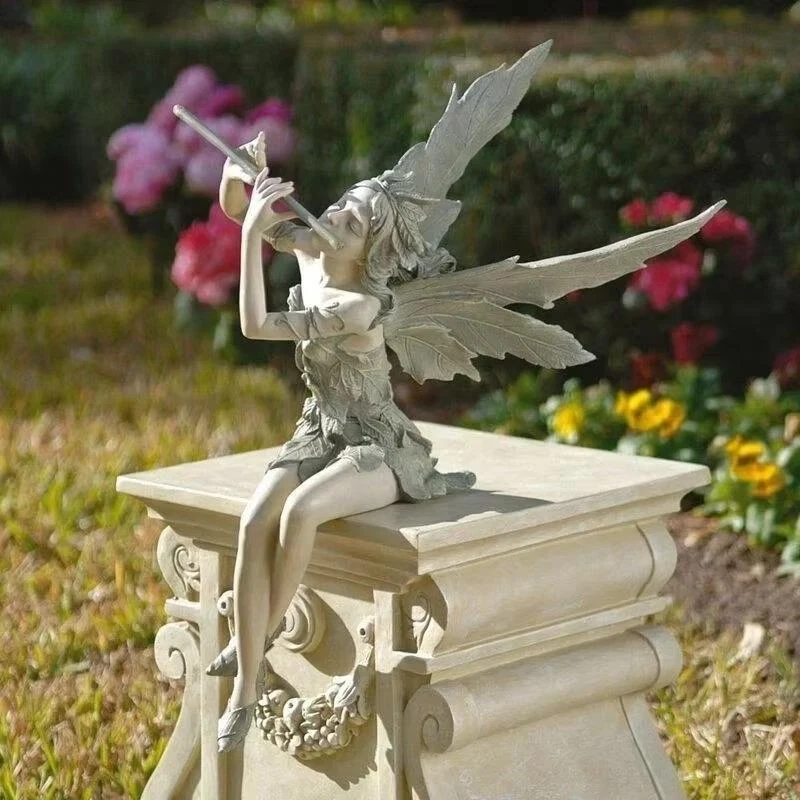 Home Decor Flute Fairy Sitting Garden Statue Outdoor Resin Ornament Sculpture - Image 2 of 4