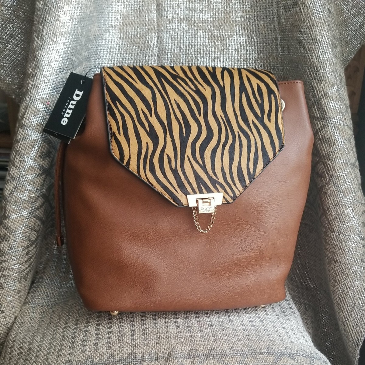 NWT DUNE LONDON Tiger Genuine Calf Hair Leather Backpack and Wristlet SET