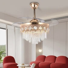 42'' Ceiling Fan With Lights Retracktable Blade 6-Speed Crystal Chandelier