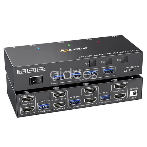 HDMI KVM Switch with EDID Dual Monitor 4K@60Hz USB 3.0 for 3 Computers 2 Monitor - Picture 23 of 23