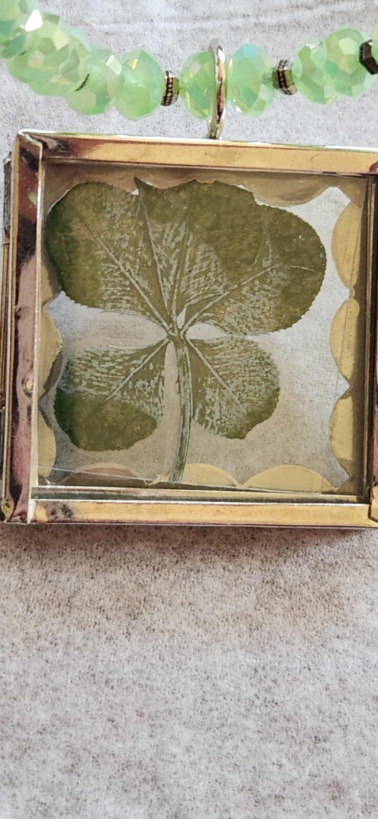 Lucky 5-Leaf Clover Silver Charm Necklace with Green Faceted Bead