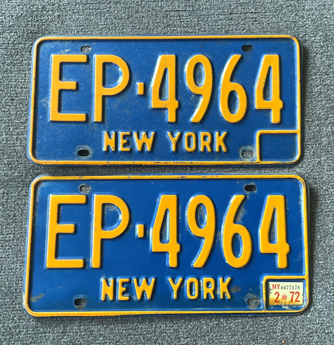 RARE 1972 NEW YORK LICENSE PLATE PLATES PAIR ORIGINAL CHEVY FORD DODGE ETC