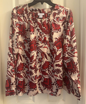 New Liz Claiborne Women's Petite PXL Beige Red Paisley V-Neck Long Sleeve Blouse