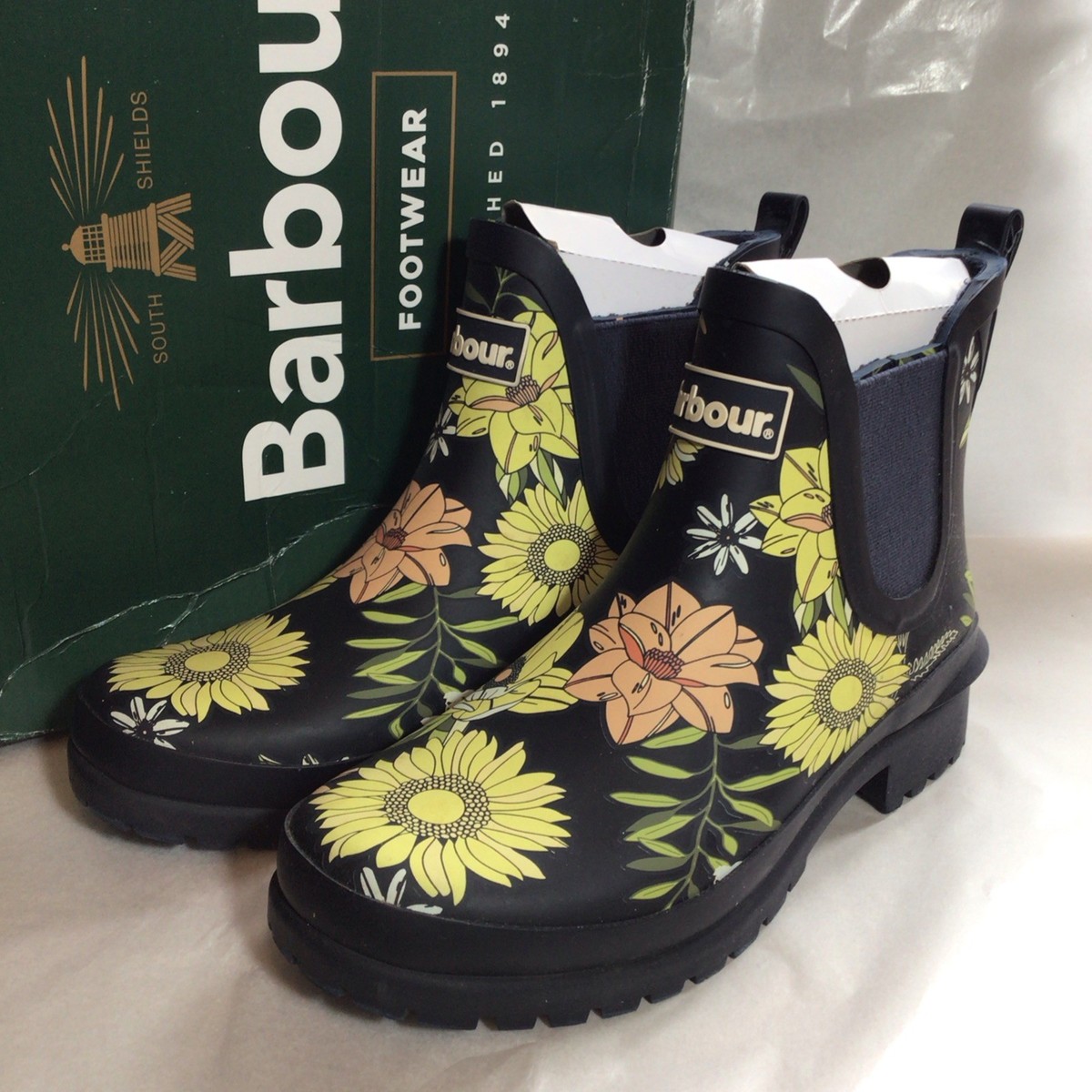 Barbour Navy Floral “Wilton” Ankle Wellington Boots Size Ex