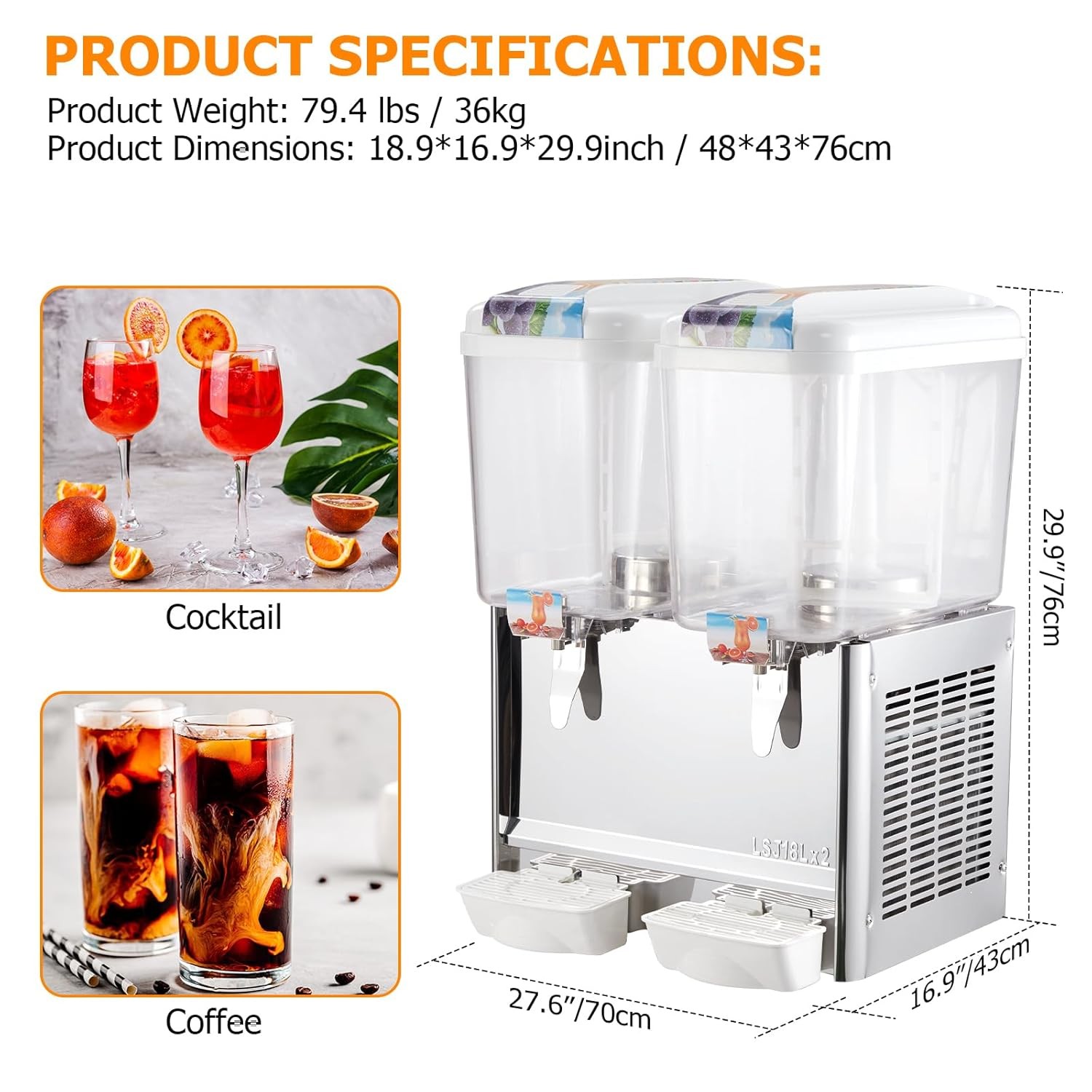 Commercial Cold Beverage Juice Dispenser Frozen Ice Drink 9.5 Gal 2 Tanks 280W