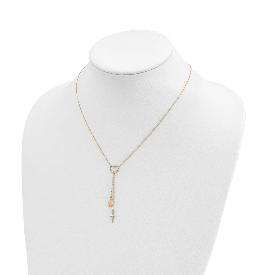 Collar Corazón Oro Amarillo 14k con Cruz Colgante y Medalla Religiosa 17" 2.6gm Foto 4 de 4