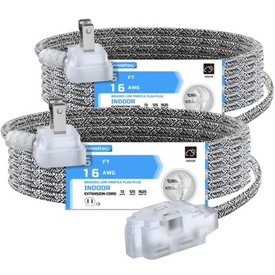 2 Pack Extension Cord 6 Ft,3 Outlet Braided Cable,16 Gauge Wire SPT-2, Multip...
