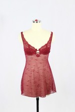 Vintage SILK  SATIN Maroon Red Mesh Lace Babydoll Negligee Slip Dress, Size S
