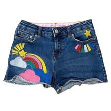 Boden Girls Blue Denim Rainbow Star Embroidered Shorts Size 12Y Cutoff