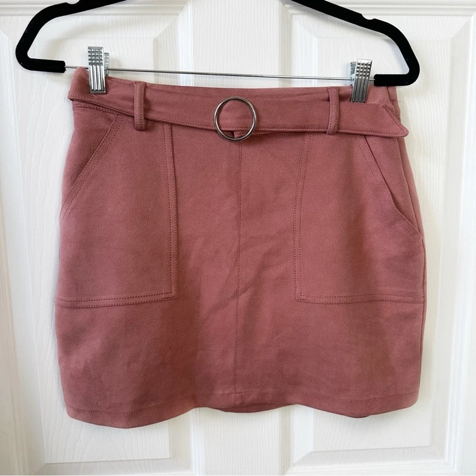 ASOS Bershka Faux Suede Utility Mini Skirt High Rise Belted Mauve Pink Women's L - Image 3 of 4