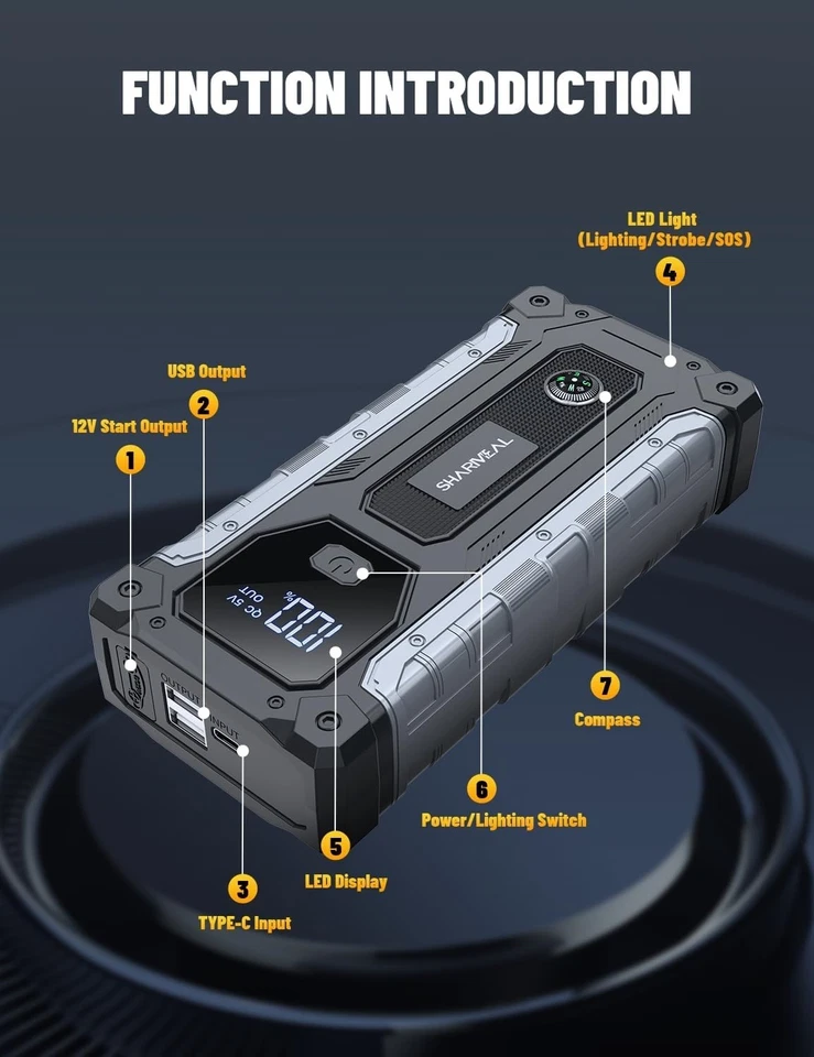 Arrancador de salto de coche 12V 5000A Booster Jumper Banco de alimentación Carga de batería Pantalla LCD Foto 4 de 4