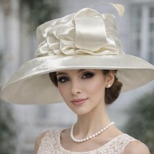 Elegant Ivory Satin Wide Brim Church Hat Classic Formal Statement Derby Easter