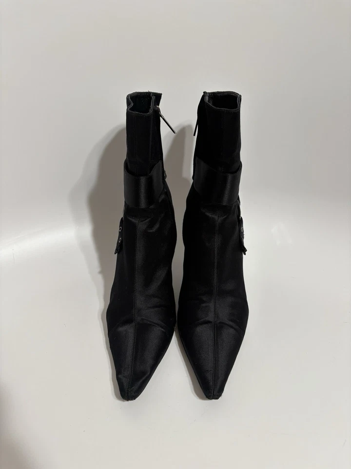 Vtg Christian Dior by John Galliano Black Silk Satin Logo Boots 38 - Image 2 of 4
