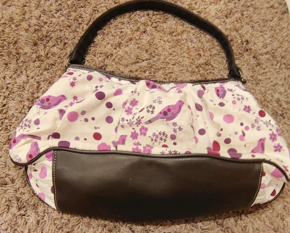 Bolso de Hombro Cacharel Parfums, Blanco con Patrón de Pájaro Morado, Borde Marrón B51 Foto 4 de 4