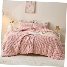 Fluffy Faux Fur Comforter Set, Plush Fuzzy Minky Bedding Queen Grid - Pink
