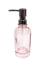 NEW CLEAR GLASS PINK TINT,SILVER PUMP, ROUND SOAP,LOTION DISPENSER