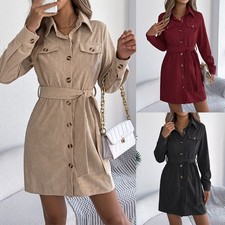 Casual solid-color single-breasted long-sleeved lace-up corduroy shirt dress