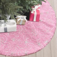 Plush Christmas Tree Skirts Luxury Pink Faux Fur Xmas 36 inches Pink Glitter