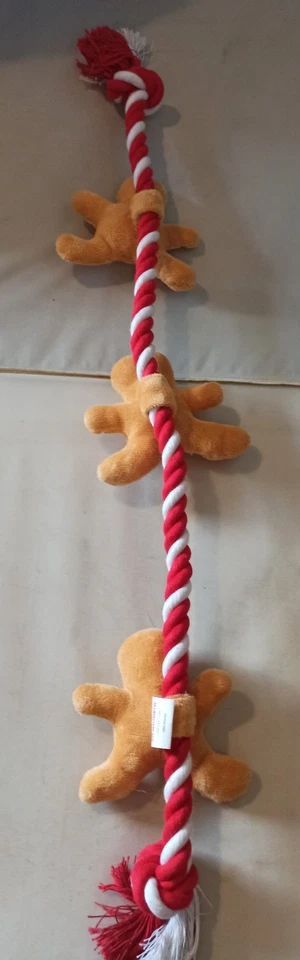 Christmas Dog Toy Large 26" / 66cm  Long Rope - 3 gingerbread men - soft Squeaks - Image 3 of 4